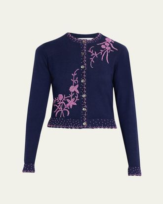 Prabal Gurung Embroidered Silk-Cashmere Crewneck Cardigan