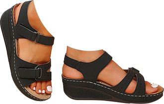 Generic Sandals for Women Uk Casual Summer soft & Comfortable Open Toe Ankle Strap Cushion Walk Leather Sandals Outdoor Anti-Slip Platform Beach Shoes