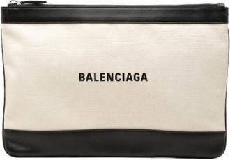 Balenciaga Pre-owned Navy Clip Clutch - Dames - Vintage Clutch - Beige - ONE Size - Leer - Vintage