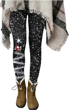 Generic Christmas Leggings for Women Christmas Costume Funny Snowflake Xmas Tree Print Stretchy Soft High Waisted Tights Black Fitness Running Gym Sports Full