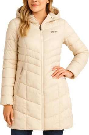 Reebok Womens Puffer Jacket - Long Quilted Hooded Winter Coat for Women - Lightweight Packable Outerwear Jackets for Women, Champagne, S