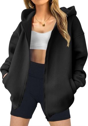 Generic Womens Zip Up Hoodies Casual Loose Oversized Sweatshirt Long Sleeve Fleece Jackets Coat 2024 Fall Trendy Y2K Outfits Black