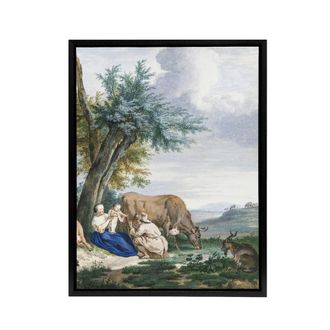 Artery8 Peasant Family & cattle Landscape Schouman Framed Canvas Wall Art | Size: W24 x H32