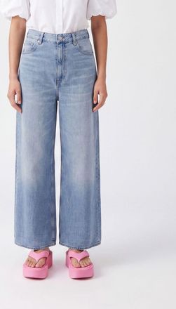 Ganni Jeans wide leg a vita media in denim di cotone