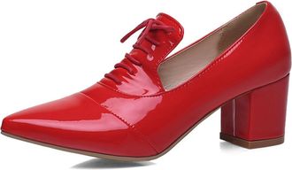 Generic MiaZane Womens Pointed Toe Lace-Up Block Heel Pumps Patent Leather for Office & Evening Wear Mid Heel Oxford Style PU Soft Lining Comfortable Fit,Red,