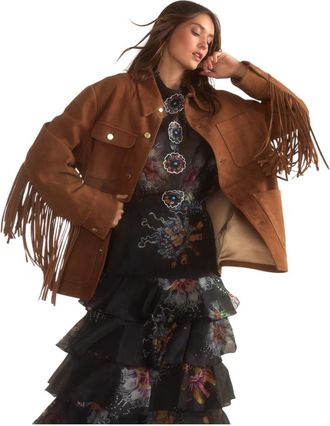 Cynthia Rowley Westward Fringe Suede Jacket - Dames - Leren en Su&egrave;de Jassen - Bruin - L - Jassen