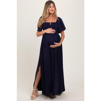 Pinkblush Chambray Smocked Maxi Dress in Navy Blue at Nordstrom, Size Medium