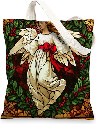 Generic Stained Glass Christmas Angel Canvas Tote Bag for Shopping 13x15, Fun Xmas Holly Reusable Grocery Print Bag for Women, Holiday New Year Beach Aestheti
