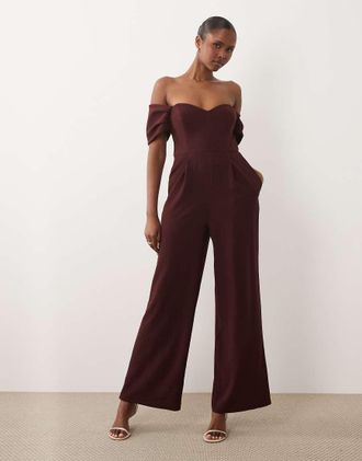 Forever New jumpsuit a gamba larga con dettaglio corsetto e spalle scoperte in bordeaux-Rosa