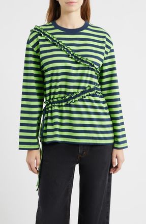 Damson Madder Prudie Stripe Ruffle Trim Top in Lime at Nordstrom, Size 10 Us
