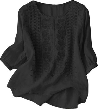 Generic Linen Tops for Women UK Bohemian Style Embroidered Tops Casual Linen Office Blouses Floral Embroidered Top Cotton Holiday Shirts Boho Ethnic Style Tee