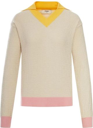 Fendi V-hals Trui van Katoen en Zijde - Dames - V-hals truien - Beige - XS - Katoen - Truien & Vesten