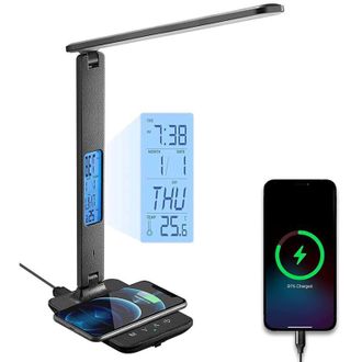 OEM L&aacute;mpara De Escritorio Plegable Inal&aacute;mbrica Crezuo De 10 W Con Puerto De Carga Usb, Reloj, Despertador, Fecha Y Temperatura, Color Negro.-crezuo
