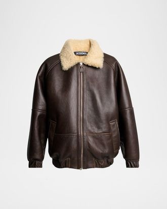 Jacquemus Mens Leather and Shearling Bomber Jacket