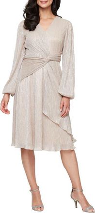 S.L. Fashions Knot Front Long Sleeve Metallic Chiffon Cocktail Dress in Light Gold at Nordstrom, Size 10P