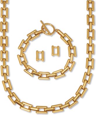 Palm Beach Jewelry Yellow Gold Ion-Plated Stainless Steel Square Link Jewelry 3-Piece Set