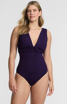 Lands End Wide Strap Plunge Shirred One Piece in Blackberry at Nordstrom, Size 10