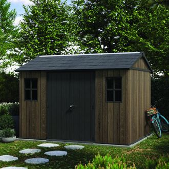 Dmora Caseta De Jard&iacute;n Mcalester, Con Candado, Acabado En Resina, Ventanas, Techo A Dos Aguas, 350x230x246h Cm Marr&oacute;n Nuez
