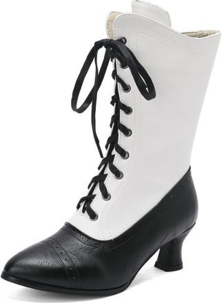 Generic Womens Two-Tone 5.5cm Kitten Heel Lace-Up Mid-Calf Boots for Autumn and Winter,Black and White,6.5 UK