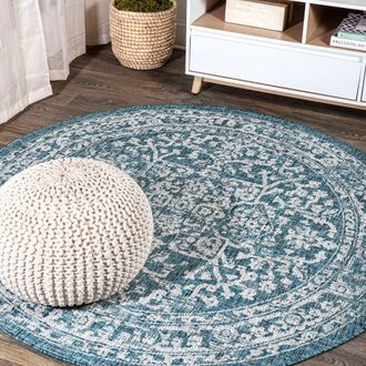 Jonathan Y Designs Malta Bohemian Medallion Textured Weave Indoor/Outdoor Round Area Rug in Teal/gray at Nordstrom, Size 5Ft 0In X 5Ft 0In