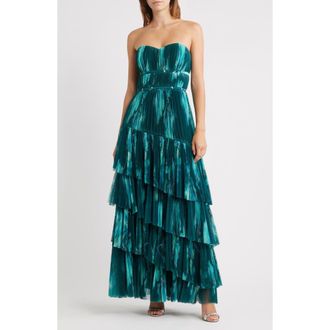 Hutch Strapless Tiered Tulle Gown in Teal Bloom at Nordstrom, Size 4