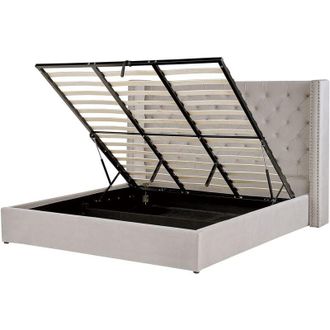 Beliani Eu Super King Velvet Bed Frame 6ft Light Grey with Storage High Headrest Lubbon