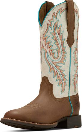 Ariat Womens Round Up W Toe Western Boots in Sandstorm Distressed Ivory, B Medium Width, Size 5.5, by Ariat