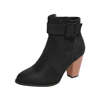 Generic Womens Fashion Solid Color Short Boots PU Casual Short Boots Back Heel Short Heel Mid Calf Boots Women Rubber Boots (Black, 4.5)