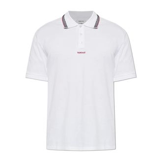 Versace Polo Shirts, male, White, Size: XL Embroidered-Logo Cotton Piqu&eacute; Polo