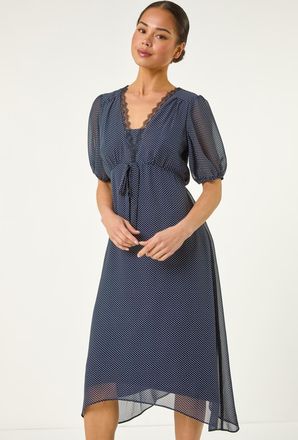 Roman Spot Print Lace Bow Midi Dress