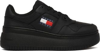 Tommy Hilfiger Schoenen, Dames, Zwart, 36 EU, Leer, Zwarte Platform Sneakers met Logo Print