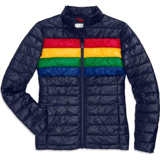 primary Grown-Ups Puffer Jacket In Stripe in Navy Bold Rainbow at Nordstrom, Size X-Small