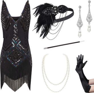 Babeyond 1920s Sexy V Neck Flapper Charleston Dress - 20s Retro Style Great Gatsby Theme Party Womens Fancy Costume (Set Black M)