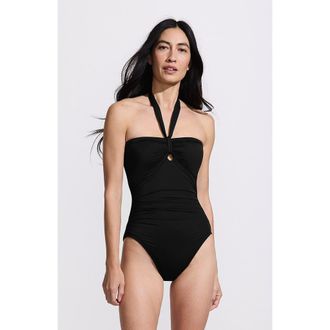 Lands End Slender Suit Multi-Way Bandeau High Leg One Piece Swimsuit in Black at Nordstrom, Size 12