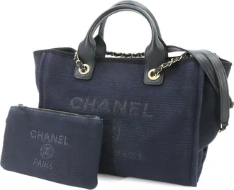 Chanel Navy Canvas Leather Handbag Shopping Bag Tote Bag (Pre-Owned)