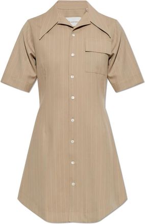 Ami Wollen Jurk met Pinstripe Patroon - Dames - Shirt Kleedjes - Beige - XS - Wol - Kleedjes