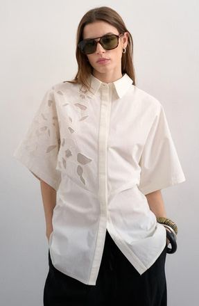 Topshop Oversized Floral Cutwork Button-Up Top in White at Nordstrom, Size 10 Us