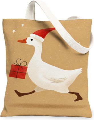 Generic Christmas Goose Canvas Tote Bags, Cute Animal Design Reusable Grocery Bags, Vintage Linen Lightweight Washable for Travel P, Beige, 13x15 Inch