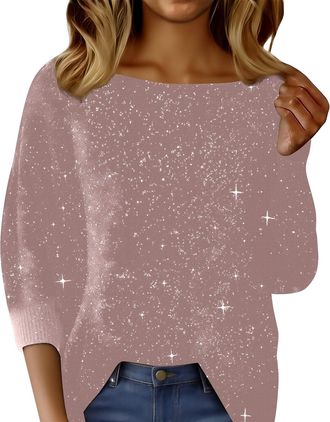 Generic Off The Shoulder Sequin Tops for Women Sparkly Shiny Long Sleeve Knit Top Casual Holiday Party Dressy Date Night Blouses Pink