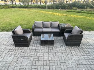 Fimous Garden Furniture Sets 5 Seater Wicker Rattan Furniture Patio Sofa Sets with Reclining Chair 3 Seater Sofa Side Table in Dark Grey