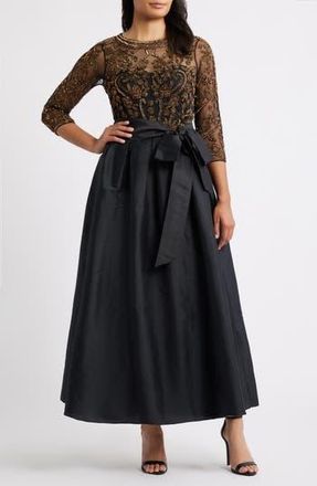 Pisarro Nights Beaded Illusion Neck Taffeta Cocktail Dress in Black/Gold at Nordstrom Rack, Size 10