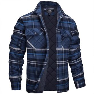 Generic Plaid Shirts Men Classic Quilted Fleece Check Button Down Shirt Casual Long Sleeve Lapel Jackets Warm Padded Work Coat Fall Winter Fashion Color Block