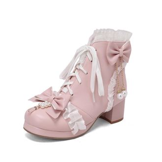 Generic Womens PU Leather Ankle Boots Bow Pearl Detail Round Toe Chain Ruffled Lace Trim Two Tone Block Heels Lace Up Soft Lining Durable Outsole,Pink,8.5 UK