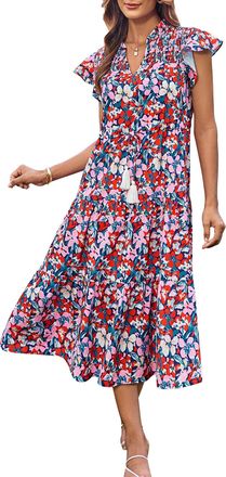 Grace Karin Causal Dresses for Women UK Short Sleeve Summer Dresses Floral Midi Flowy A-Line Sundress for Wedding Party Greee Boho Red Floral L
