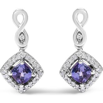House of Brilliance 10K White Gold Tanzanite and Diamond Halo Cushion Shaped Drop Earrings at Nordstrom