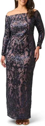 Adrianna Papell Off the Shoulder Sequin Gown in Navy/rosegold at Nordstrom, Size 20W