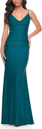 La Femme Illusion Back Jersey Dress with Boning Detail in Dark Teal at Nordstrom, Size 00