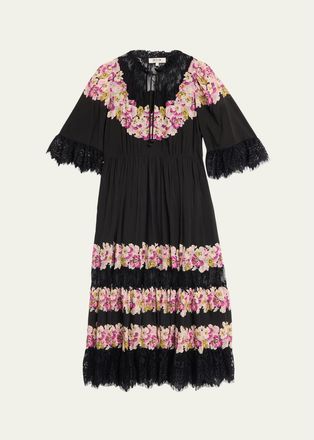 Sea New York 3/4-Sleeve Persephone Print Cotton Lace-Trim Midi Dress
