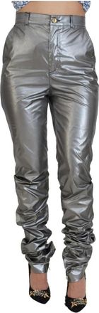 Dolce & Gabbana Metallic Zilveren Hoge Taille Skinny Broek - Dames - Slim Fit Broeken - Grijs - S - Polyester - Broeken