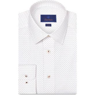 David Donahue Trim Fit Geometric Dot Print Stretch Cotton Dress Shirt in White/Berry at Nordstrom, Size 17.5 - 34